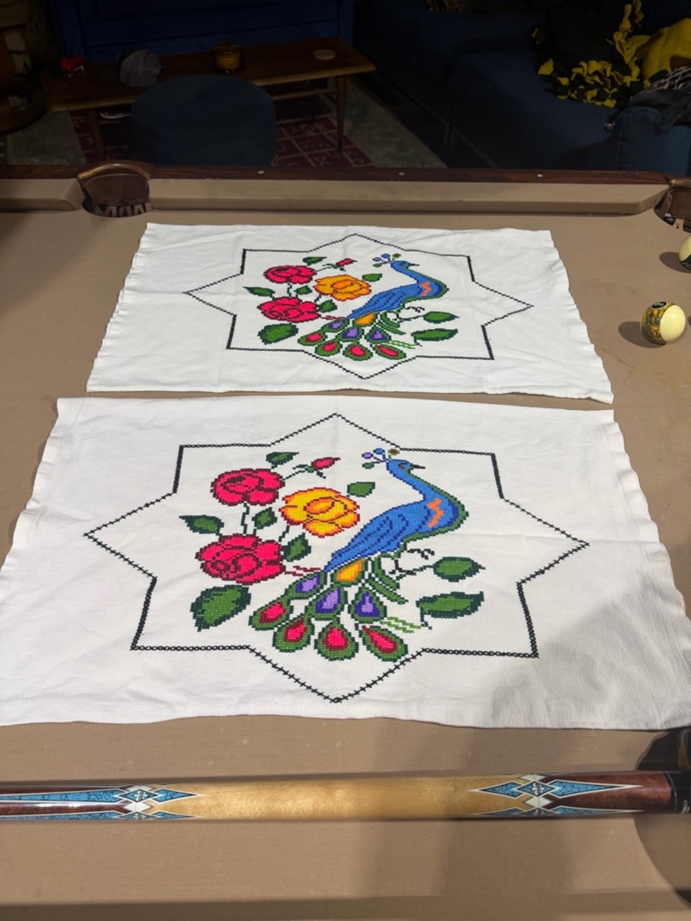 Embroidered Peacock Cross-Stitch Panels - Bright Floral Motif Two Pillow Cases